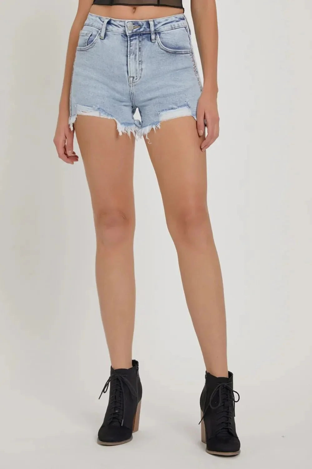 RISEN Full Size High Rise Rhinestone Strap Embellished Denim Shorts - VILLA FASHION